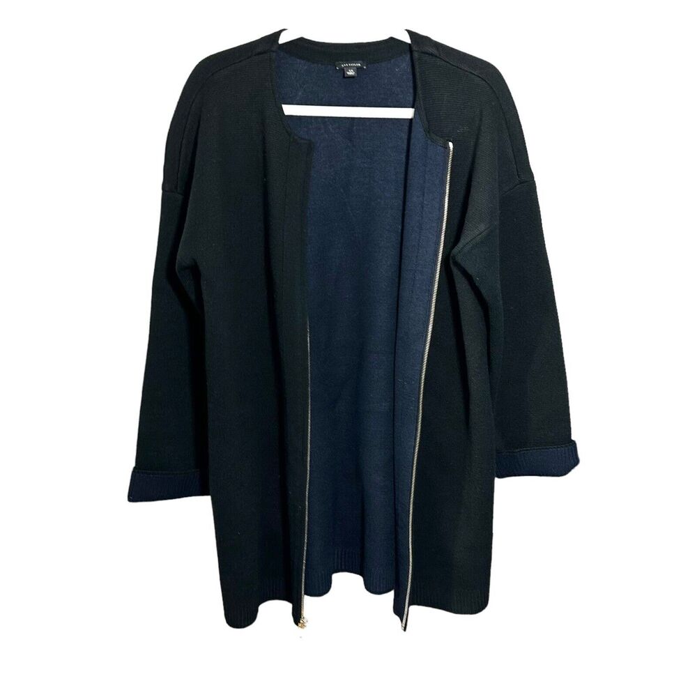 Ann Taylor Womens Sz XS Zip Wool Blend Cardigan Sweater Jacket Black Blue Heavy